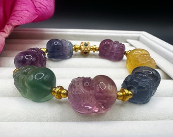 Hand Carved Flourite PiXiu Bracelet: Watermelon Gemstone