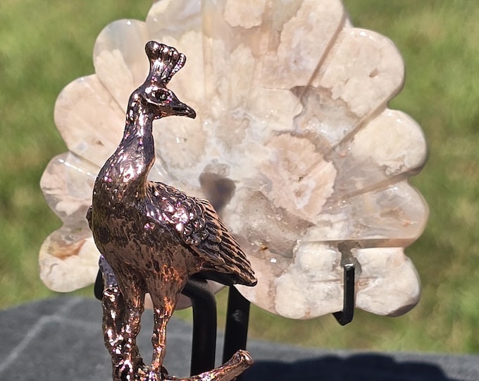 Mini Flower Agate Crystal feathers with a Copper Peacock Figure