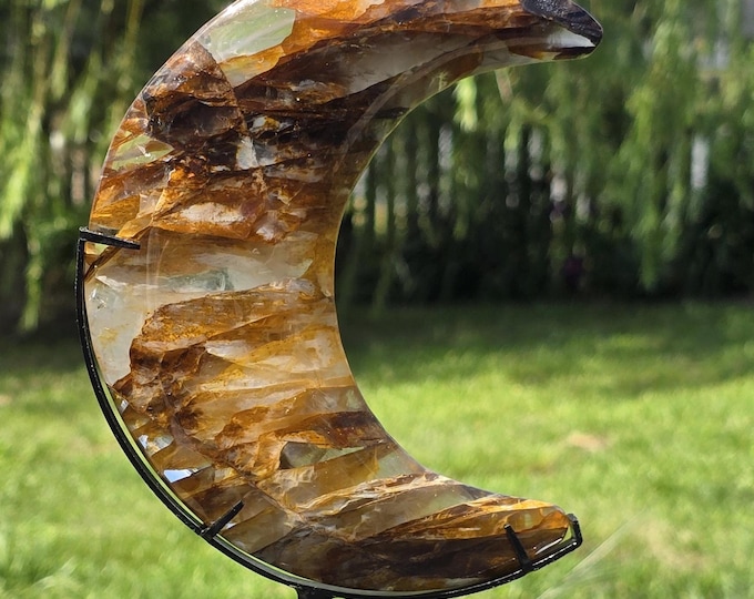 Golden Healer Crystal Moon Carving on Stand