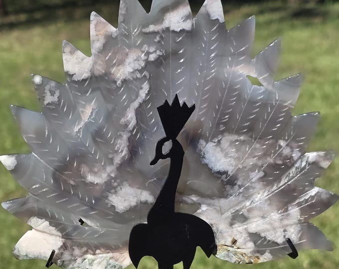 Black Flower Agate Crystal Peacock on a Black Stand