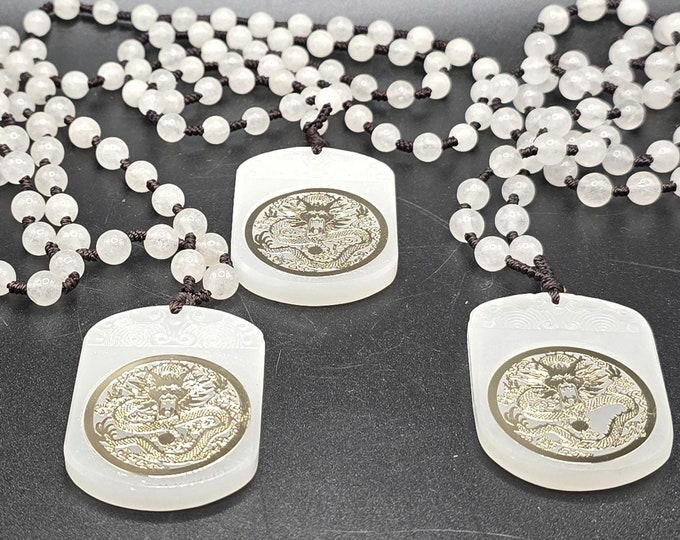 White Jade Crystal Necklace with Golden Dragon