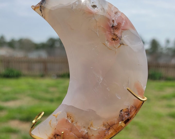 Pink Flower Agate Crystal Moon