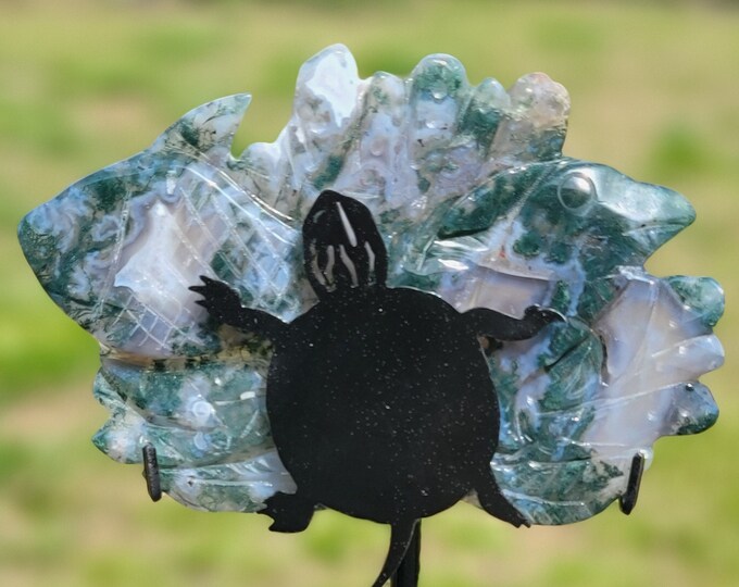 Moss Agate Crystal Fish with Turtle Stand
