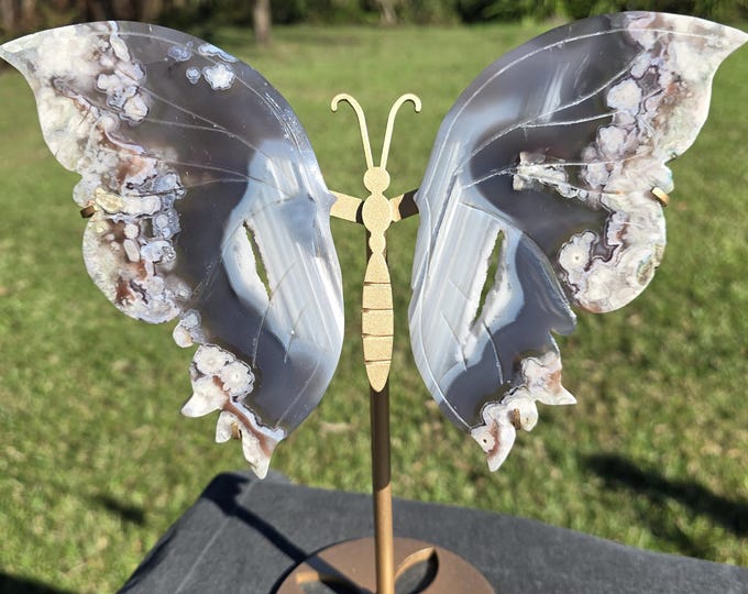 Black Flower Agate Crystal Butterfly Wings