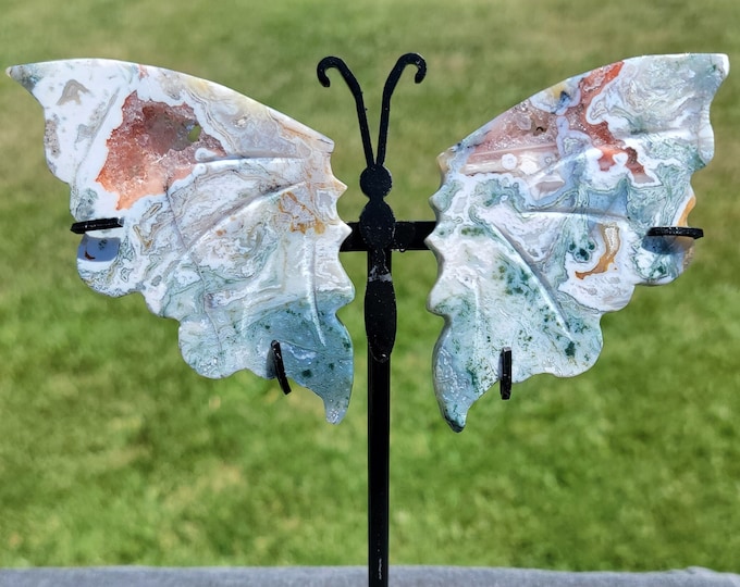 Pink Moss Agate Crystal Butterfly Wings