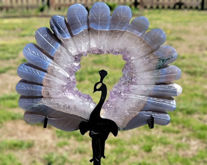 Druzy Agate with Clear Quartz and Amethyst Crystal Peacock Wings