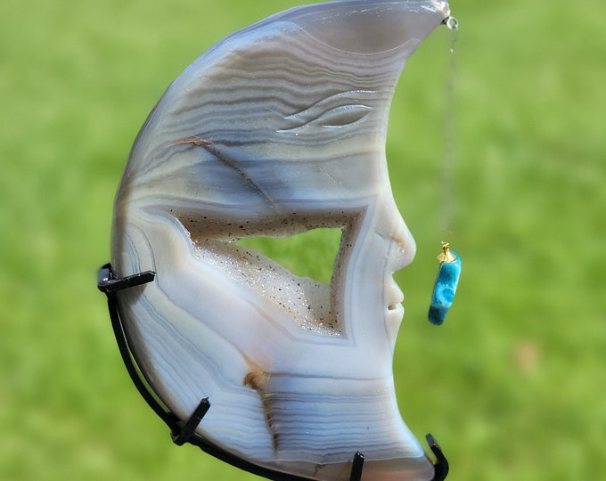 Druzy Agate Crystal Moon with Blue Apatite Star