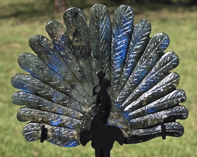 Labradorite Crystal Peacock on a Black Stand