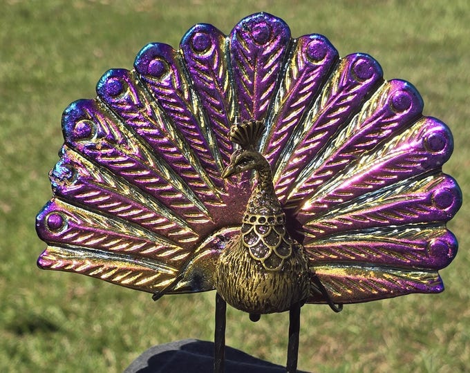 Aura Coated Crystal Peacock on a Black & Gold Stand