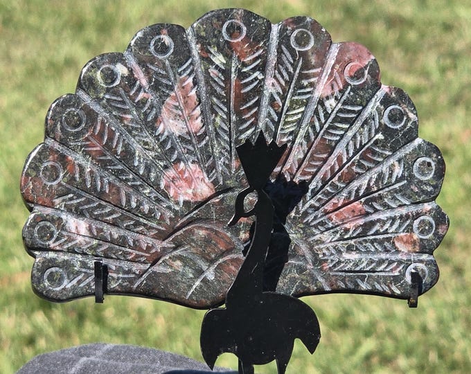 Plum Blossom Jasper Crystal Peacock on a Black Stand