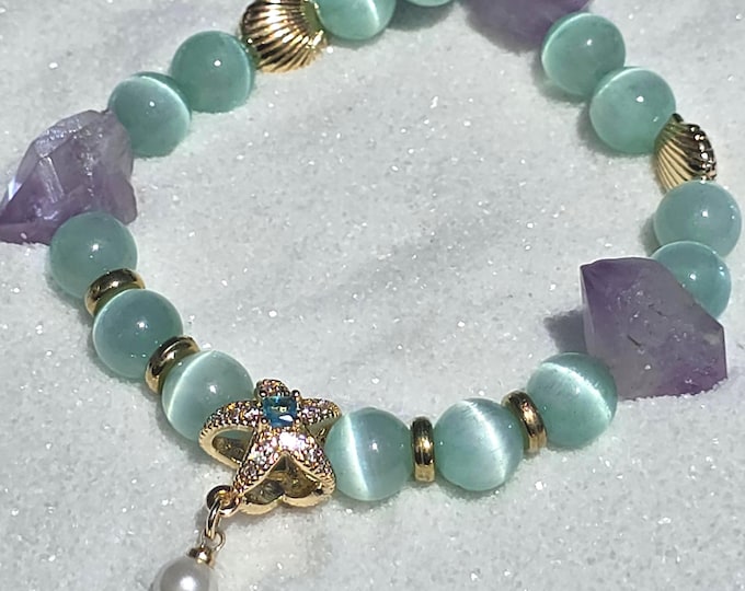 Cat Eye Selenite & Amethyst Custom Crystal Bracelet ~ Treasures Untold