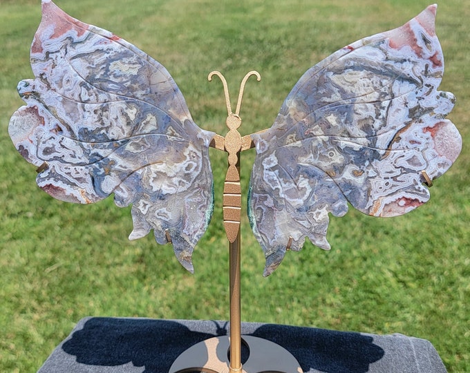 Pink Moss Agate Crystal Butterfly Wings