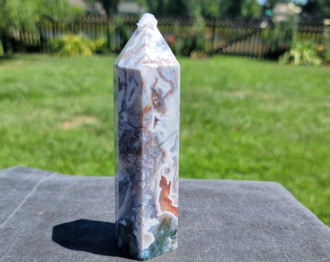 Pink Moss Agate Crystal Tower