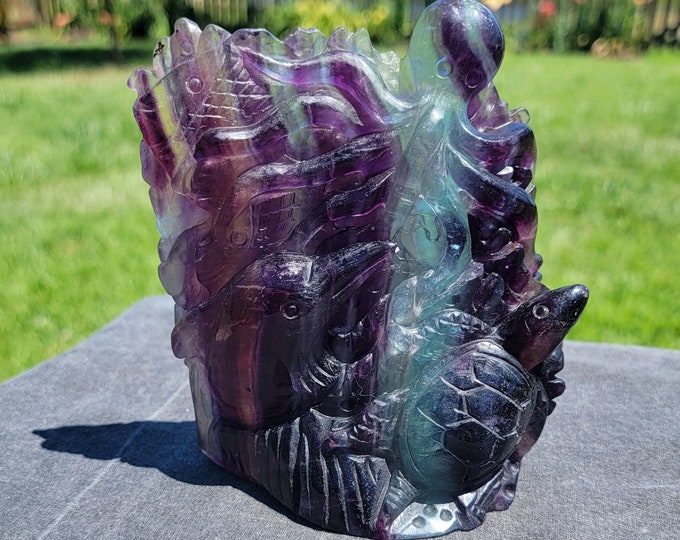 Rainbow Fluorite Sea Life Crystal Carving