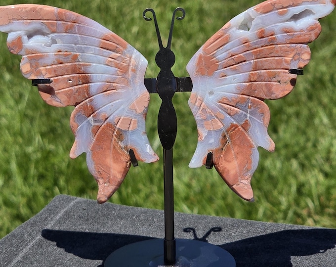 Drusy Pink Agate Crystal Butterfly Wings