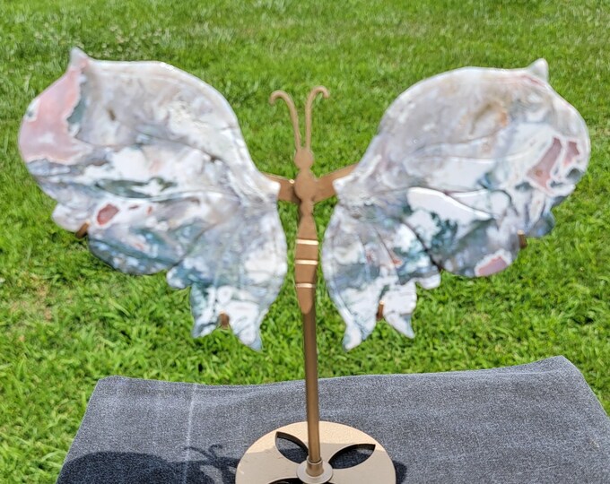 Pink Moss Agate Crystal Butterfly Wings