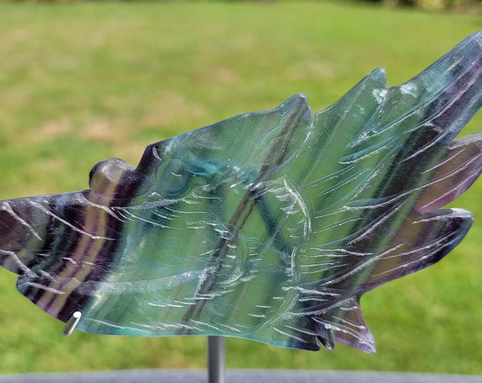 Rainbow Fluorite Crystal Wolf Carving