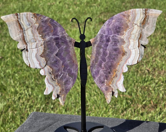 Amethyst Crazy Lace Agate Butterfly Wings with Black Stand
