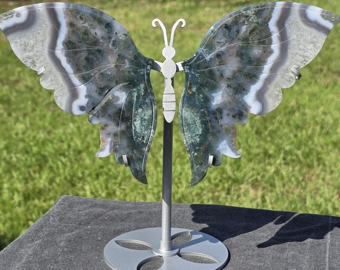 Moss Agate Butterfly Wings: Crystal Carving with Silver Stand