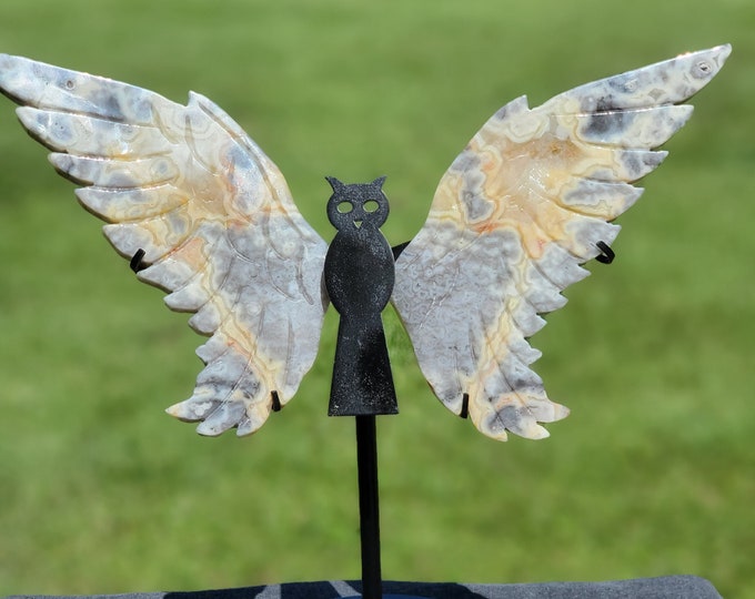 Yellow Crazy Lace Agate Crystal Owl Wings