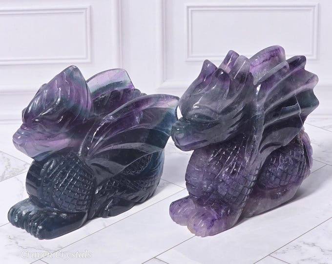 Rainbow Fluorite Crystal Dragon Carvings