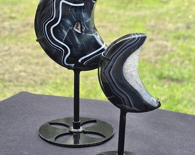 Black Banded Agate Crystal Moon Carvings