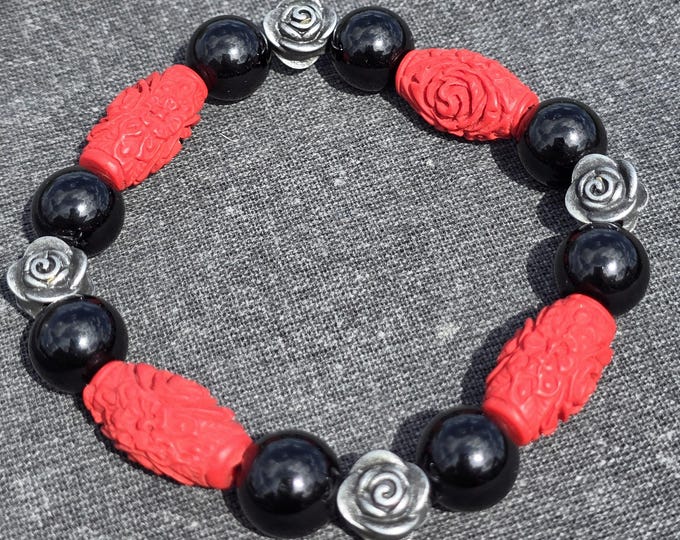 Roses are Red ~ Obsidian & Cinnabar Roses Crystal Bracelets
