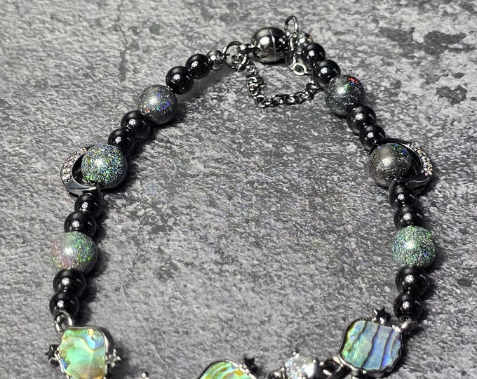 Black Andamooka Opal, Black Tourmaline, Black Hematite, & Abalone Shell Crystal Bracelet ~ Midnight Galaxy