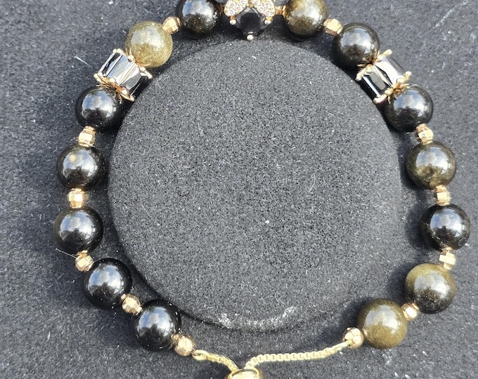 Golden Sheen Obsidian Minnie Mouse 'Wish Collection' Custom Crystal Bracelet