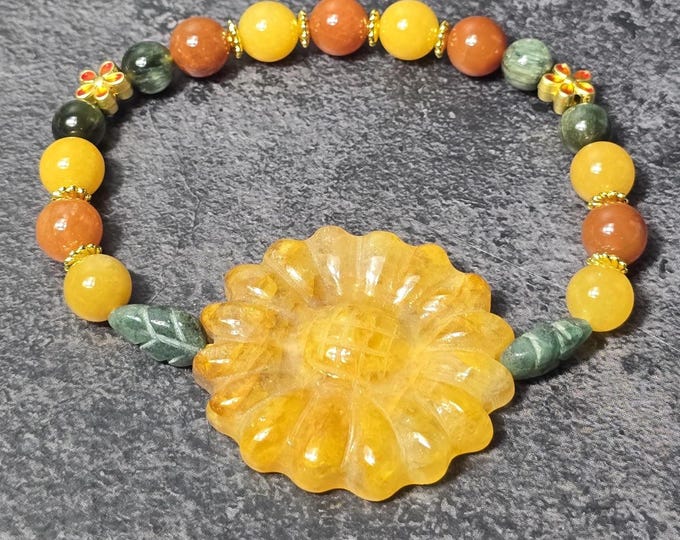 Golden Healer, Golden Silk Jade & Green Rabbit Hair Quartz Custom Crystal Sunflower Bracelet with Emerald Leaves ~ Golden Harvest