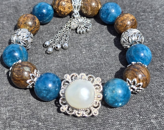 Brilliant Ballance ~ Blue Apatite, Bronzite & Pearl Crystal Bracelet