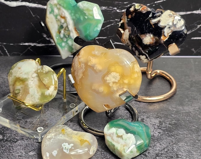 Flower Agate Crystal Heart Carvings
