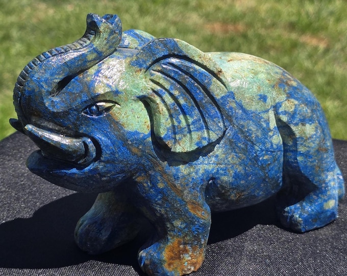 Large Azurite Matrix with Malachite Crystal Elephant Carving