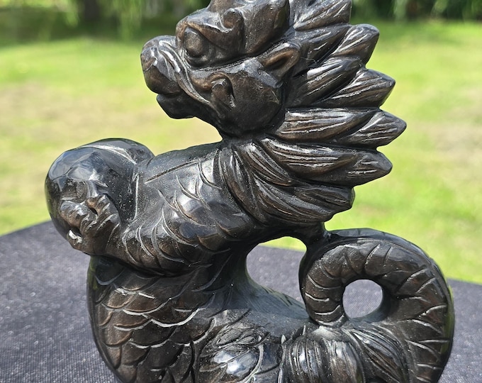 Silver Obsidian Crystal Dragon Carving