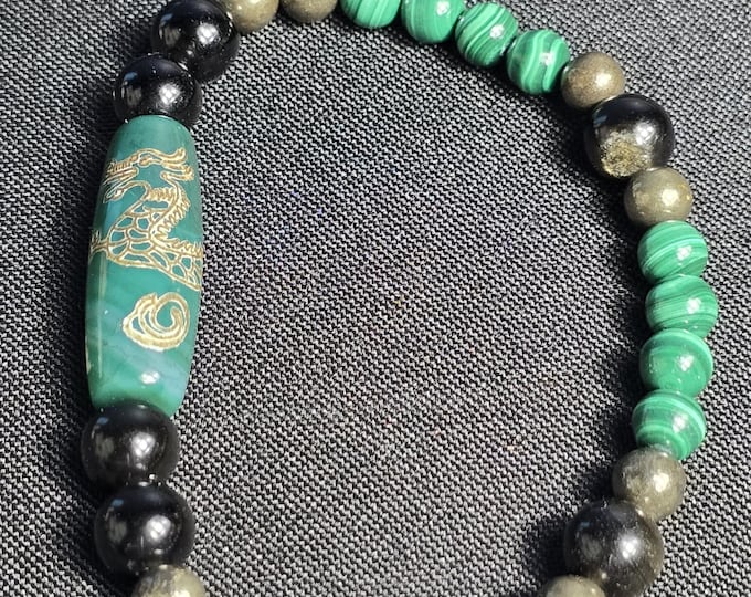 Malachite, Golden Obsidian & Pyrite Custom Crystal Bracelet ~ Dragon Majesty