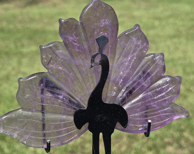 Purple Fluorite Crystal Peacock on a Black Stand