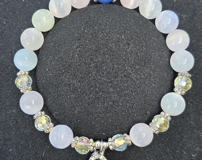 Cat Eye Selenite Crystal Beaded Bracelet with Dolphin Charm