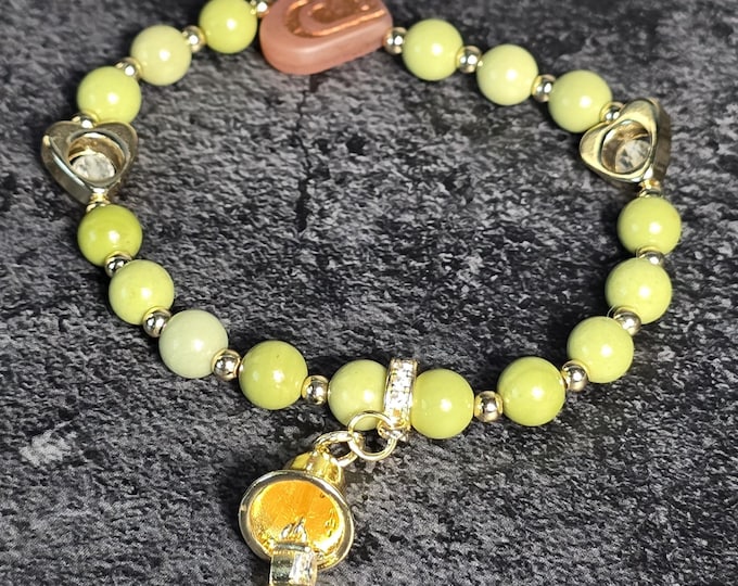 Avocado Alashan, Clear Quartz, & a Czech Glass Heart Custom Crystal Bracelet ~ Grinchy Glow-Up