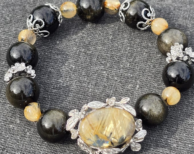 Golden Eclipse ~ Gold Rutile & Golden Obsidian Crystal Bracelet