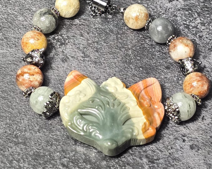 Alashan Agate Fox Mask & Thousand Layer Phantom Garden Quartz Custom Crystal Bracelet ~ Spirit of the Fox