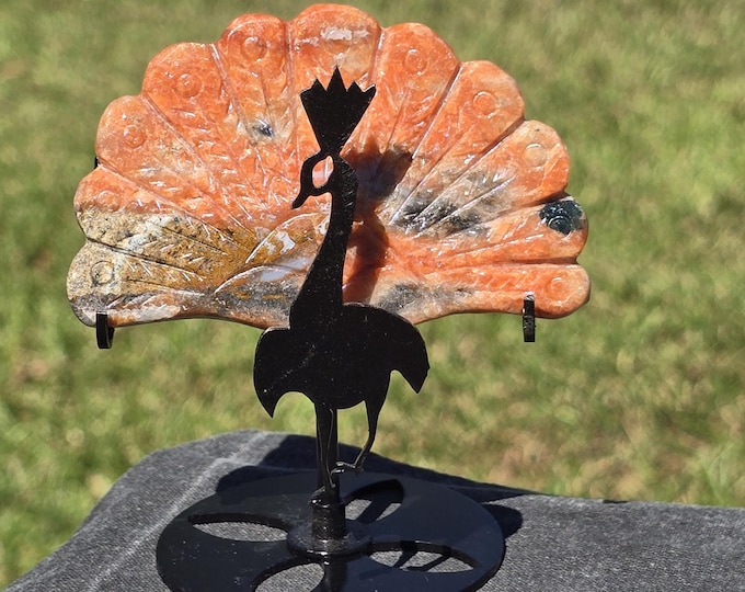 Sunstone Apatite Crystal Peacock on a Black Stand