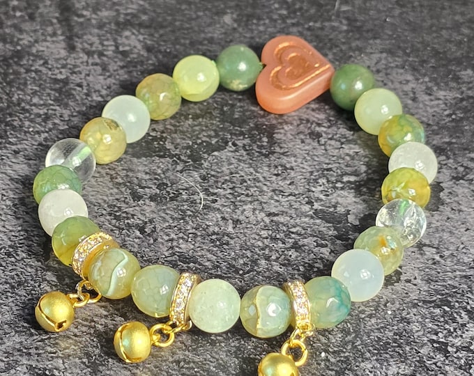 Green Agate, Clear Quartz, & a Czech Glass Heart Custom Crystal Bracelet ~ Grinchmas Cheer