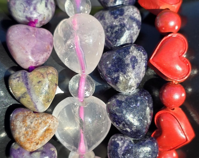 Heart Shaped Crystal Beaded Bracelets - Rose Quartz, Lepidolite, Cinnabar, Lilac Jasper