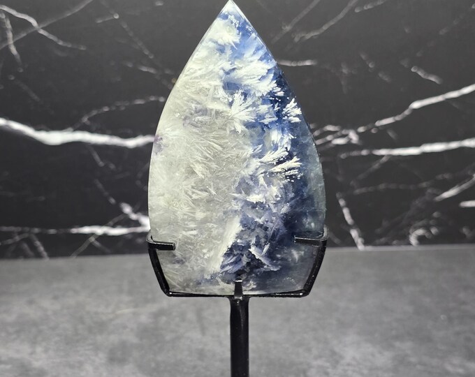 Blue Feather Fluorite Crystal Drop on a Stand
