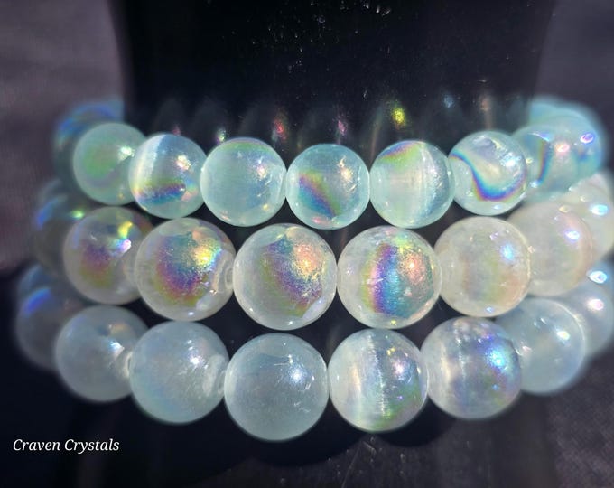 Aura Coated Satin Spar Crystal Beaded Bracelets