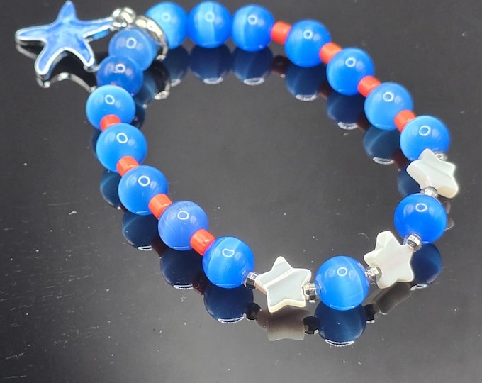 Blue Cat Eye Selenite, Red Coral, and Shell Custom Crystal Bracelet ~Waves of Freedom