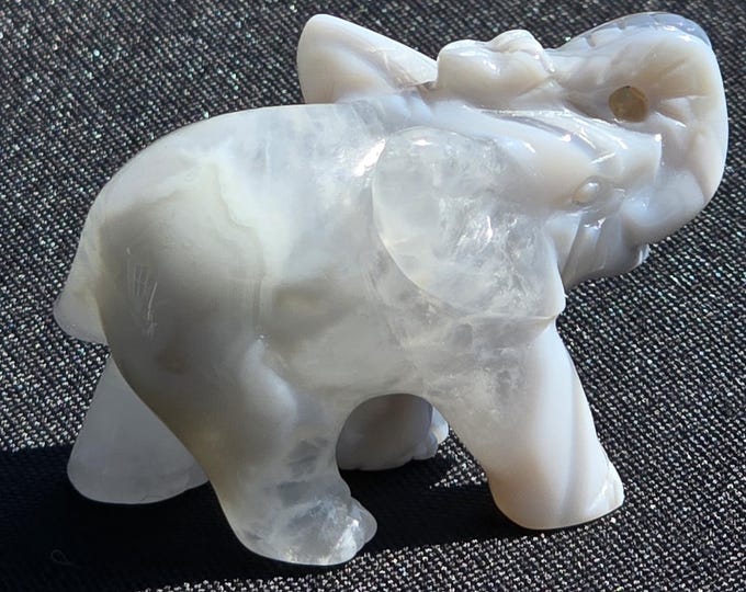 White Banded Agate Elephant Carving with Quartz