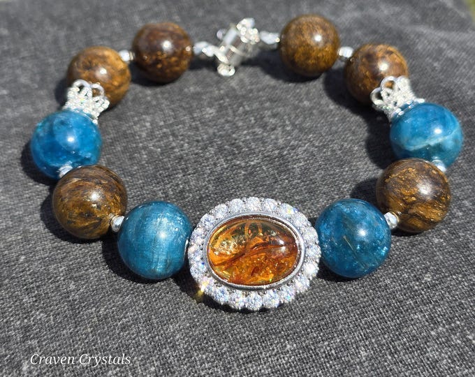 Energized Empowerment ~ Bronzite, Blue Apatite & Flower Amber Crystal Bracelet
