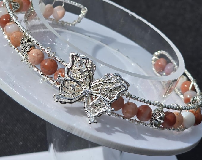 Pink Agate Custom Crystal Cuff Bracelet ~  Cotton Candy Flutters