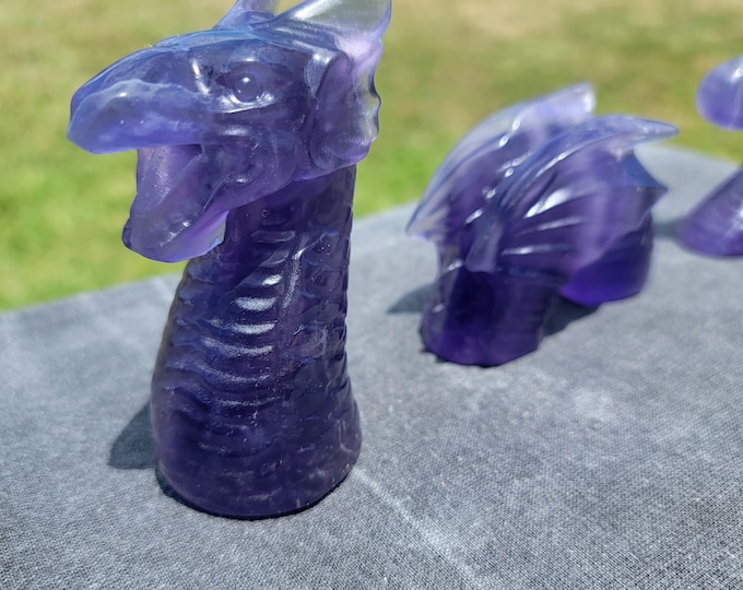 Purple Fluorite 3 Piece Crystal Water Dragon Carving
